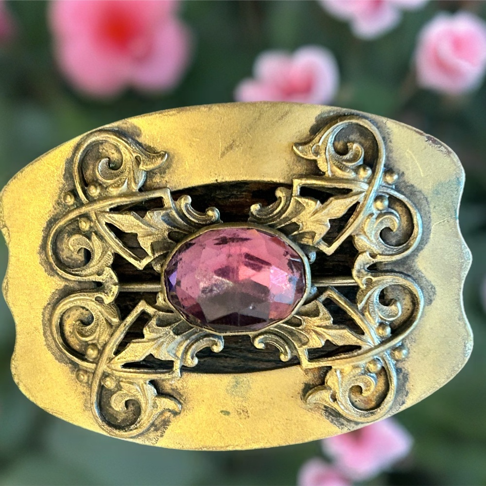 Large Victorian Purple Cut Glass and Brass Brooch Pin with Great Patina